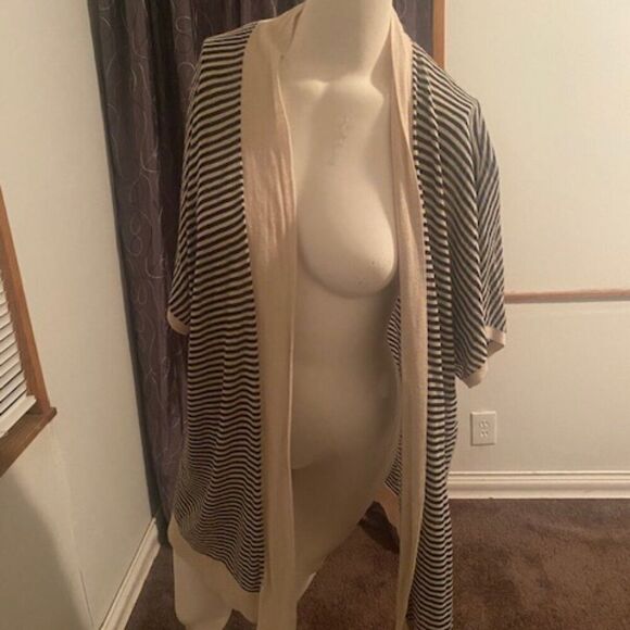 Loft Tan/Black stripes short sleeve open cardigan, size M - Picture 1 of 4